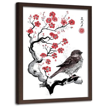 Plakat w ramie brązowej FEEBY Wróbel na japońskiej wiśni, 40x60 cm - Feeby