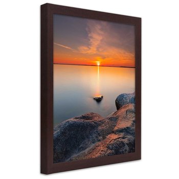 Plakat w ramie brązowej, Zachód słońca nad spokojnym jeziorem 30x45 - Feeby