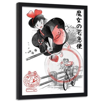 Plakat w ramie czarnej FEEBY Japońska czarownica z czarnym kotem, 50x70 cm - Feeby