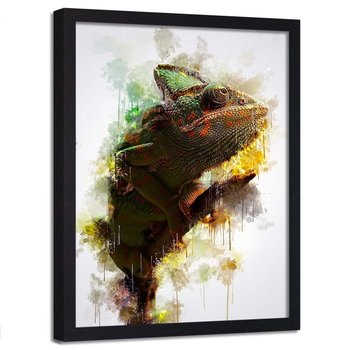 Plakat w ramie czarnej FEEBY Kameleon na gałęzi, 70x100 cm - Feeby