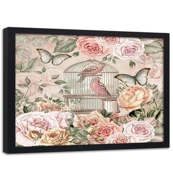 Plakat w ramie czarnej FEEBY Ptaki w klatce i kwiaty, 60x40 cm - Feeby