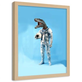 Plakat w ramie naturalnej FEEBY Astronauta z głową dinozaura, 70x100 cm - Feeby