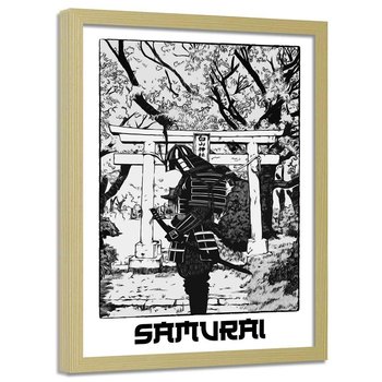 Plakat w ramie naturalnej FEEBY Czarno, biały samuraj, 40x60 cm - Feeby
