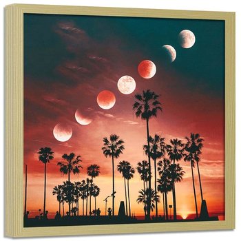 Plakat w ramie naturalnej FEEBY Fazy księżyca nad palmami, 80x80 cm - Feeby