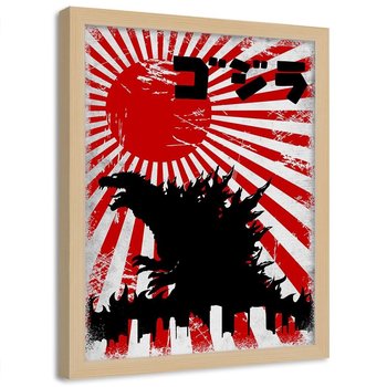 Plakat w ramie naturalnej FEEBY Japoński potwór Godzilla, 70x100 cm - Feeby