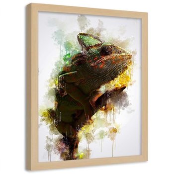 Plakat w ramie naturalnej FEEBY Kameleon na gałęzi, 70x100 cm - Feeby