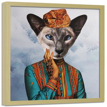 Plakat w ramie naturalnej FEEBY Kobieta z głową kota, 60x60 cm - Feeby