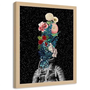 Plakat w ramie naturalnej FEEBY Kosmonauta i kwiaty kolaż, 70x100 cm - Feeby