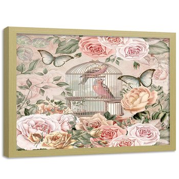 Plakat w ramie naturalnej FEEBY Ptaki w klatce i kwiaty, 60x40 cm - Feeby