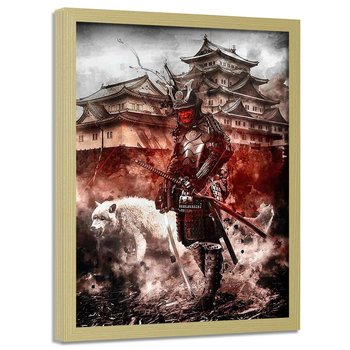 Plakat w ramie naturalnej FEEBY Samuraj i biały wilk, 50x70 cm - Feeby