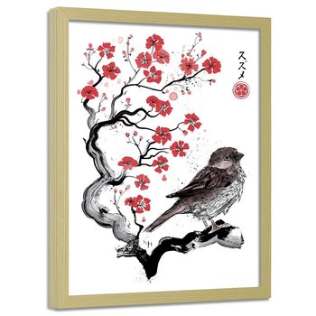 Plakat w ramie naturalnej FEEBY Wróbel na japońskiej wiśni, 50x70 cm - Feeby