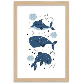 Plakat w ramie naturalnej, Wesołe wieloryby, 70x100 cm - Feeby