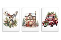 Plakaty na ścianę Boże Narodzenie Świąteczne postery Choinka Jeleń 3x 30x40
