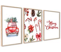 Plakaty Świąteczne Merry Christmas Czerwone Auto Choinka Zestaw 40x50cm