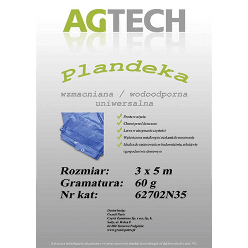 Plandeka wzmacniana wodoodporna kolor niebieski 3x5 mm gramatura 60 PL35