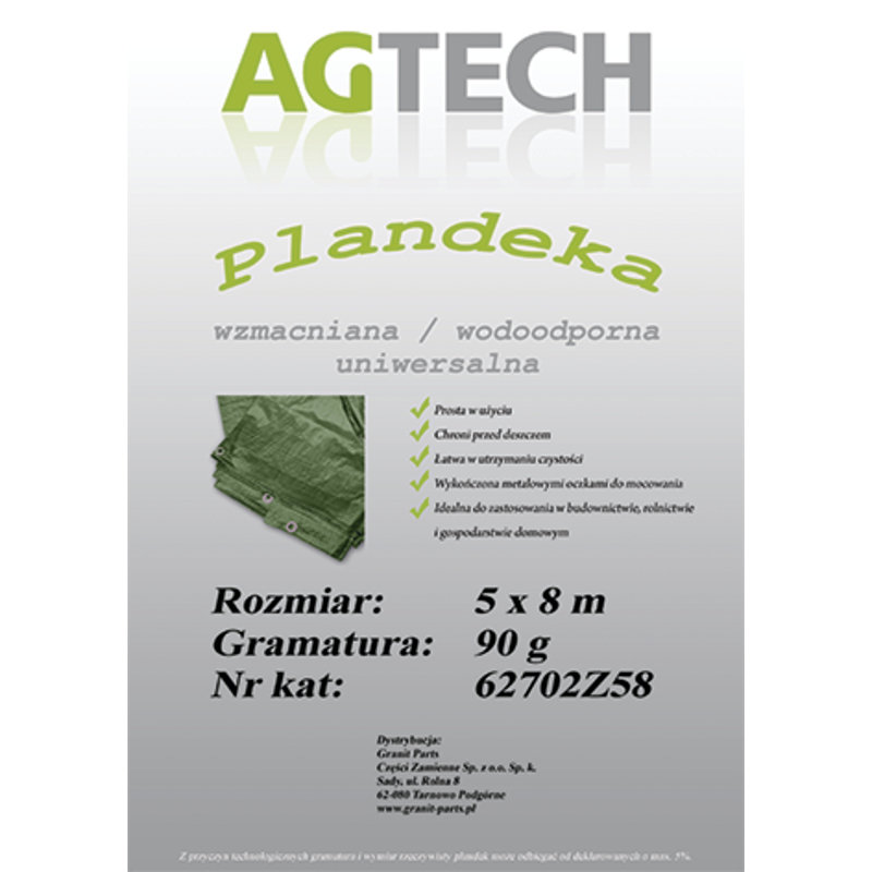 Plandeka wzmacniana wodoodporna kolor zielony 5x8 mm gramatura 90 PL9058