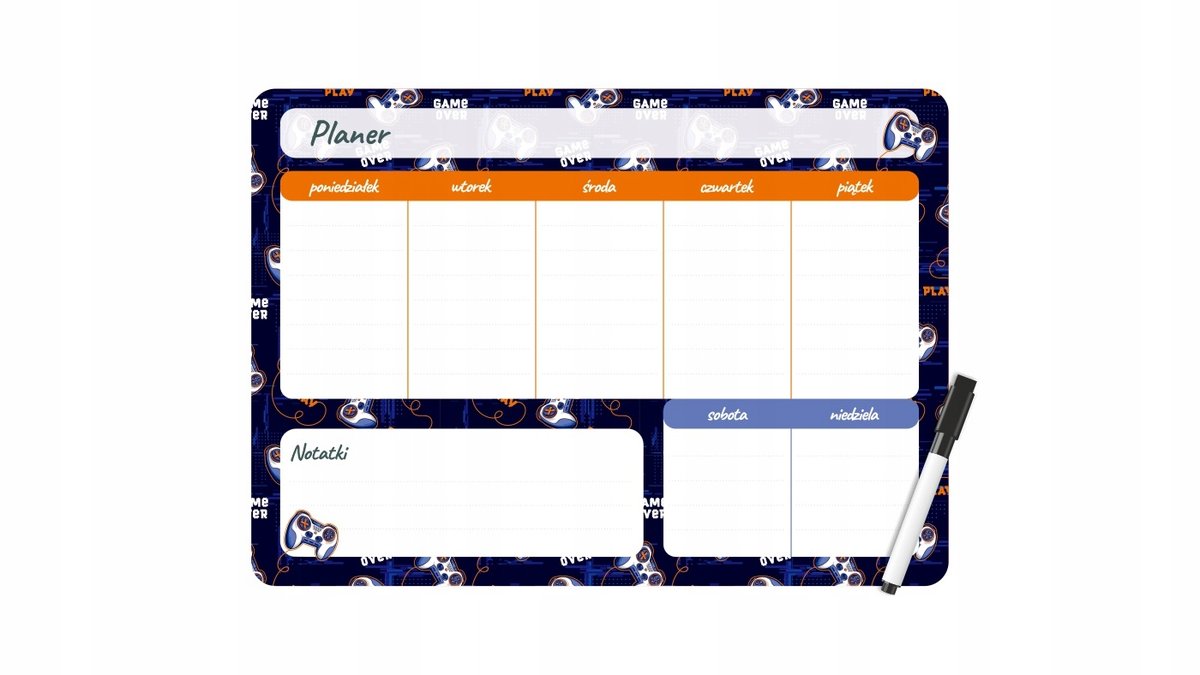 Planer Na Lodówkę Magnetyczny Tygodniowy Plan Lekcji + Marker Gamepad
