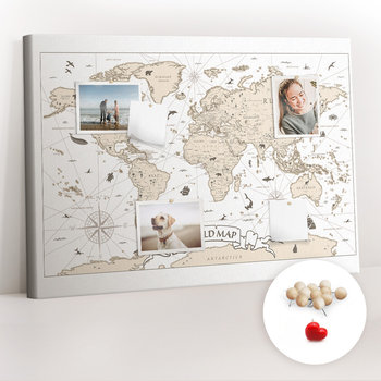 Planer na ścianę, Tablica korkowa 100x70 cm, Drewniane Pinezki, wzór Vintage mapa świata - Coloray