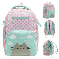 Plecak szkolny, Pusheen, dwukomorowy, kratka, różowo - miętowy kot