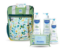 Plecak wyprawkowy (Delikatny żel do mycia 500ml, Woda oczyszczająca 500ml, Hydra Bebe mleczko do ciała 300ml, Chusteczki kompostowalne 60szt)