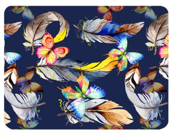 Podkładka korkowa na stół, twarda, złocona, z kolorowymi motylami i piórami, 30x40 cm - Postergaleria
