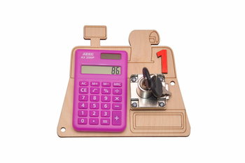Podstawka kasa + kalkulator różowy + kluczyk, element na tablicę manipulacyjna. - Zabawki Sensoryczne
