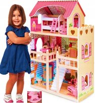 Podświetlany duży nowoczesny domek do zabawy lalkami z drewna dla dziecka