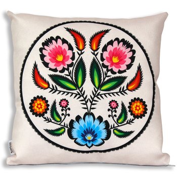 Poduszka folk łowicki kwiaty różowe wycinanka beżowa - Sartrix