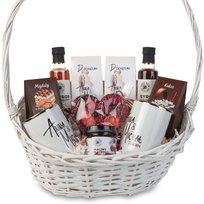 Podziękowanie dla rodziców kosz prezentowy nadruk kubki herbata kawa syropy