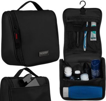 Pojemna i funkcjonalna kosmetyczka męska PETRSON czarna saszetka podróżna na kosmetyki kieszonki haczyk uchwyt do przenoszenia - Peterson