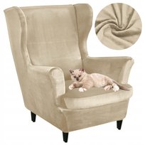 Pokrowiec Na Fotel Uszak Kaszmirowy Beż Welur Elastyczny Gruby Premium