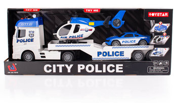POLICJA Tir laweta z helikopterem i samochodem zestaw interaktywna ciężarówka + pojazdy, światła i dźwięk zestaw - Świat Dziecka