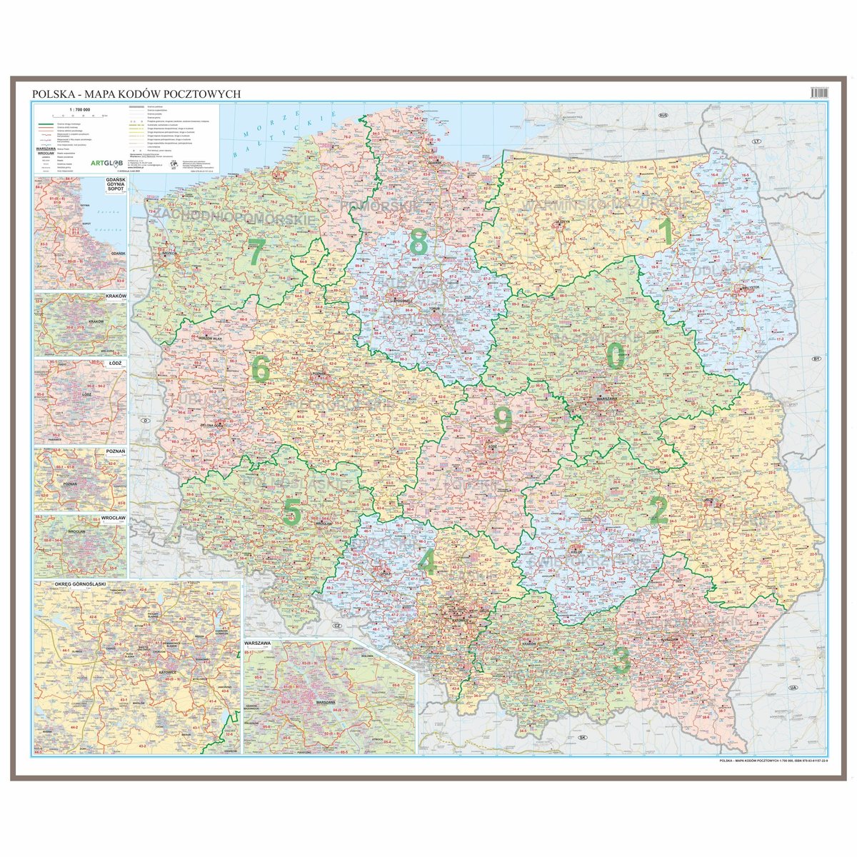 Polska mapa ścienna kody pocztowe na podkładzie do wpinania - pinboard, 1:700 000, ArtGlob
