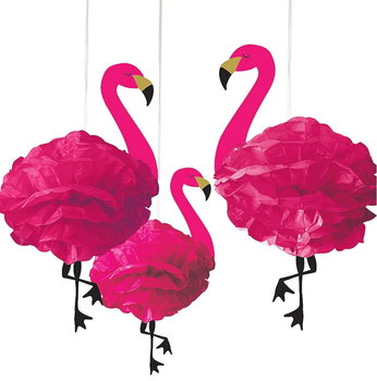 Pompony, flamingi, różowe, 3 sztuki - Amscan