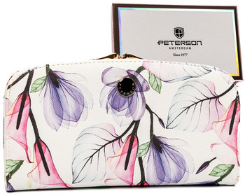 Portfel damski eko Peterson na karty elegancka portmonetka w kwiaty na bigiel, różnokolorowy liliowy - Peterson