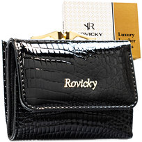 Portfel damski mały na zatrzask i bigiel ROVICKY skórzany elegancki lakierowany rfid stop czarny