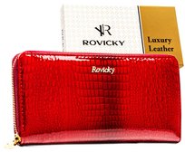 Portfel damski na zamek ROVICKY skórzany lakierowany duży rfid stop czerwony
