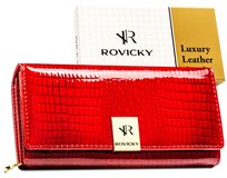 Portfel damski skórzany ROVICKY elegancki duży lakierowany czerwony ochrona RFIF STOP