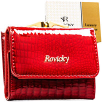 Portfel damski z ochroną RFID skórzany ROVICKY mały na zatrzask i bigiel lakierowany czerwony