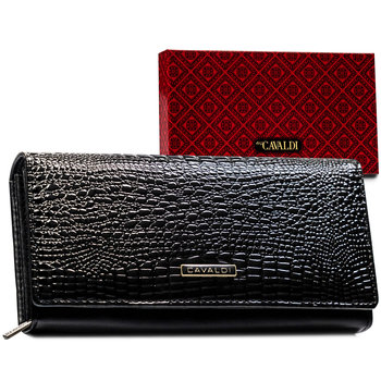 Portfel Damski Ze Skórzany Cavaldi Pojemny Z Rfid Ochrona Gadzia Skóra Duży Czarny - 4U CAVALDI