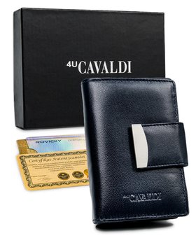 Portfel skórzany damski Cavaldi pionowa portmonetka na suwak z ochroną kart RFID, granatowy - 4U CAVALDI