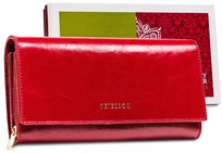 Portfel skórzany damski Peterson na zatrzask elegancka portmonetka na karty i gotówkę z ochroną RFID czerwony Peterson