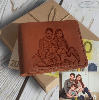 Portfel ze zdjęciem rodzinnym skórzany z grawerem na karty na banknoty z kieszenią na monety handmade brązowy Unikatowy - Luniko