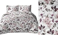 Pościel 160x200 biała różowa fioletowa kwiaty liście bawełna Max