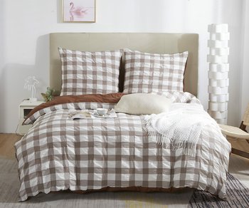 Pościel 220x200 cm Creasy brązowa kratka marszczona Spod Igły i Nitki - Spod Igły i Nitki