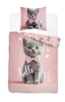 Pościel bawełniana młodzieżowa 140x200 - 5705 A - różowa z kotkiem i napisem hello LOVE - Cotton Junior Collection