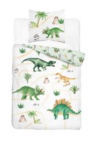 Pościel bawełniana młodzieżowa 160x200 - 5704 A - biała z dinozaurami T-Rex, triceratops i stegozaurem - Cotton Junior Collection