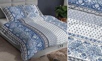 Pościel satynowa 140x200 niebieska ornamenty zapinana na suwak KARO Satin