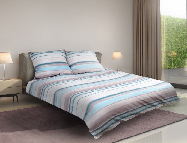 Pościel satynowa MATEX Premium, beżowo-brązowo-niebieska, 2x 70x80 cm, 220x200 cm