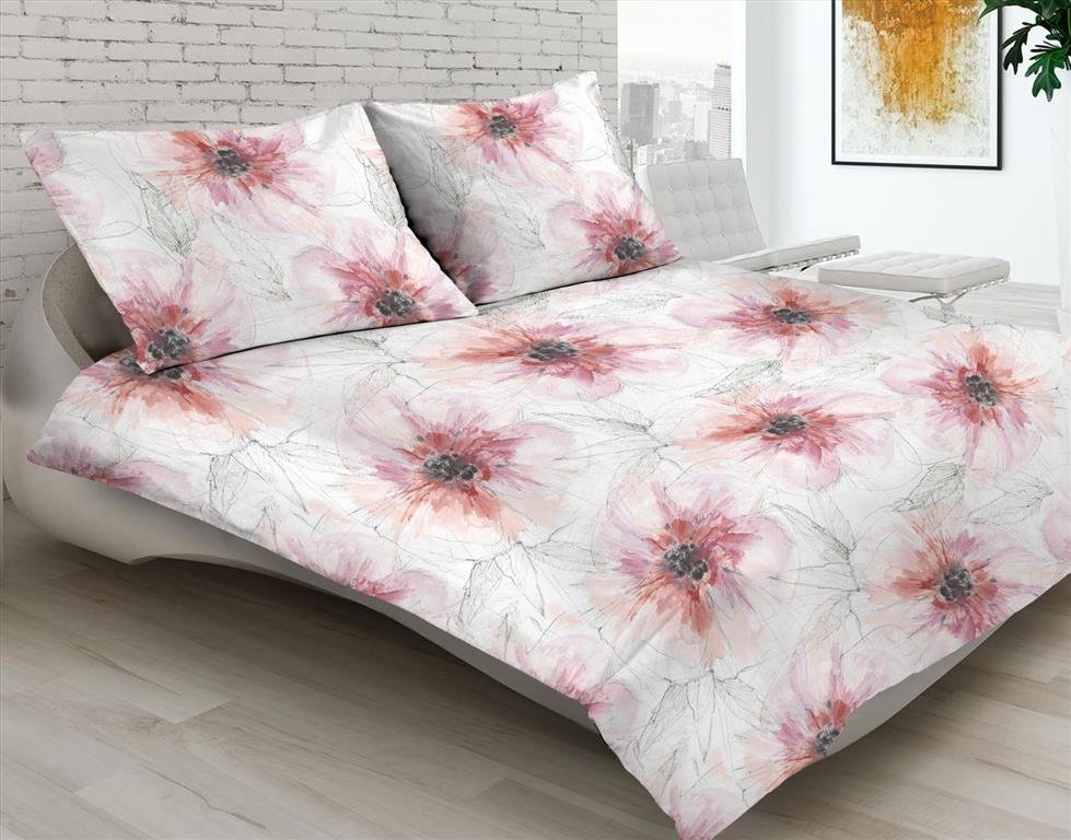 Pościel satynowa MATEX Premium, biało-różowo-czerwona, 220x200 cm, 3 elementy